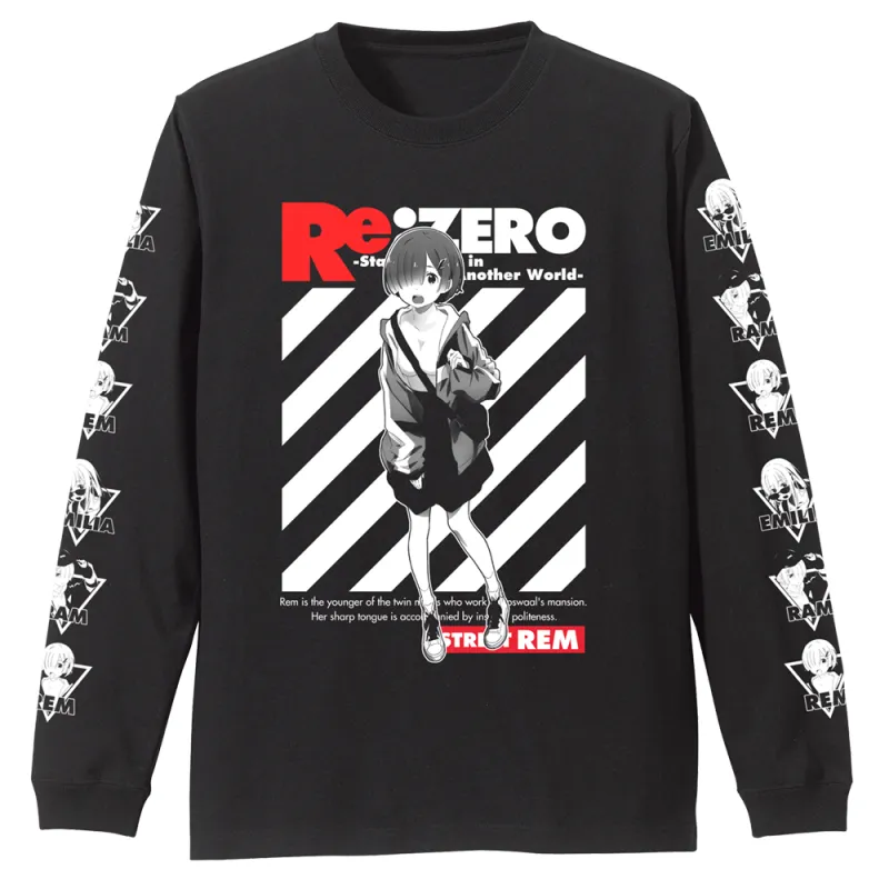レム 袖リブロングスリーブTシャツ ストリートファッションVer./BLACK-M
