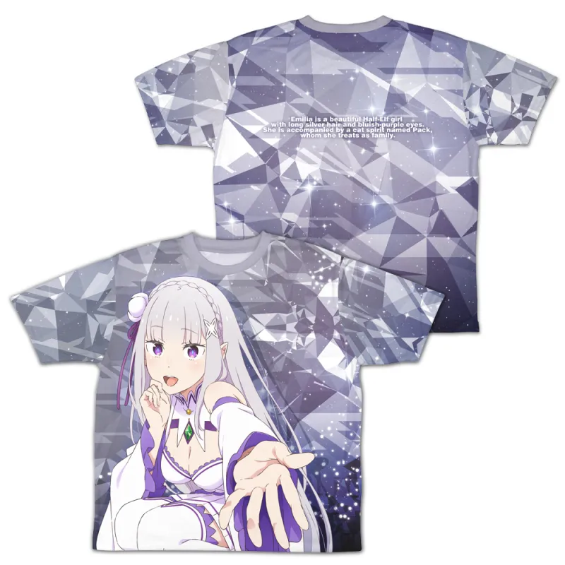 銀髪のハーフエルフ エミリア 両面フルグラフィックTシャツ/-XL