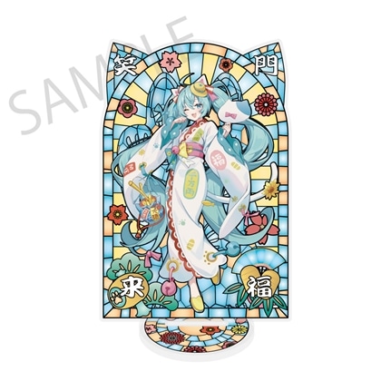 「初音ミク×招き猫×真夏の熊谷」ステンドグラス風素材加工 アクリルスタンド 初音ミク 白猫 Art by イコモチ 2